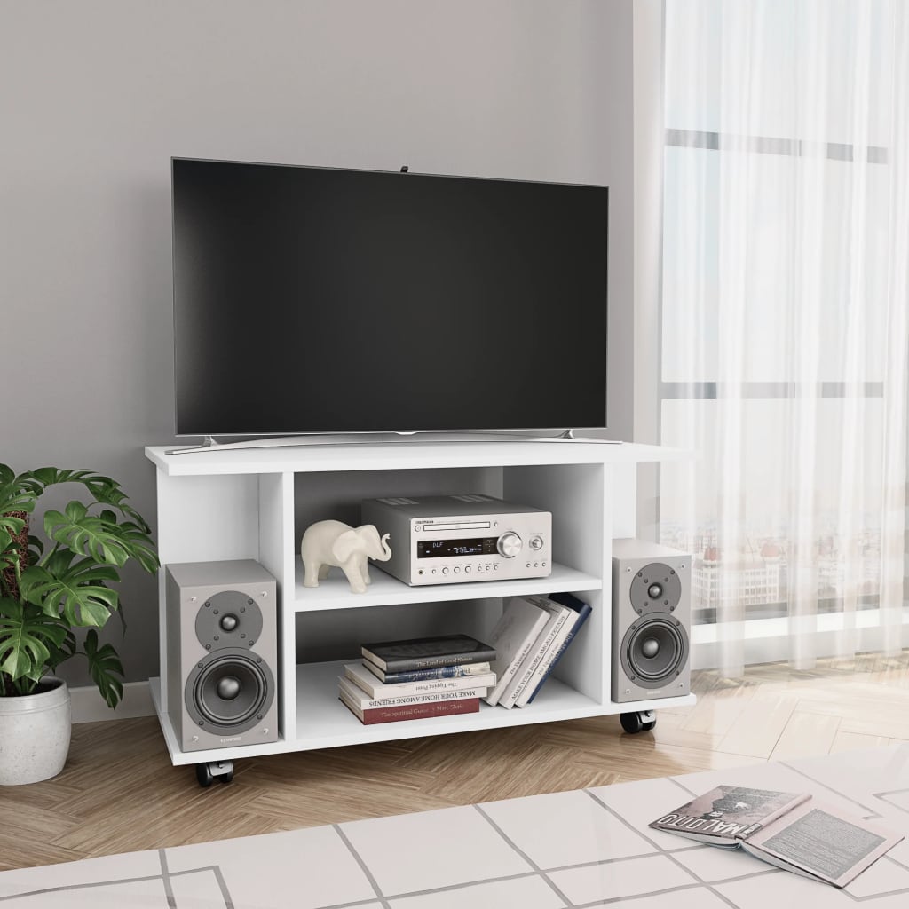 TV-benk med hjul hvit 80x40x45 cm konstruert tre