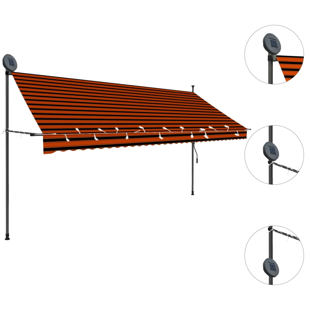 Manuell uttrekkbar markise med LED 350 cm oransje og brun