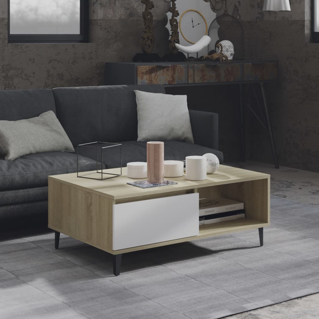 Salongbord hvit og sonoma eik 90x60x35 cm konstruert tre