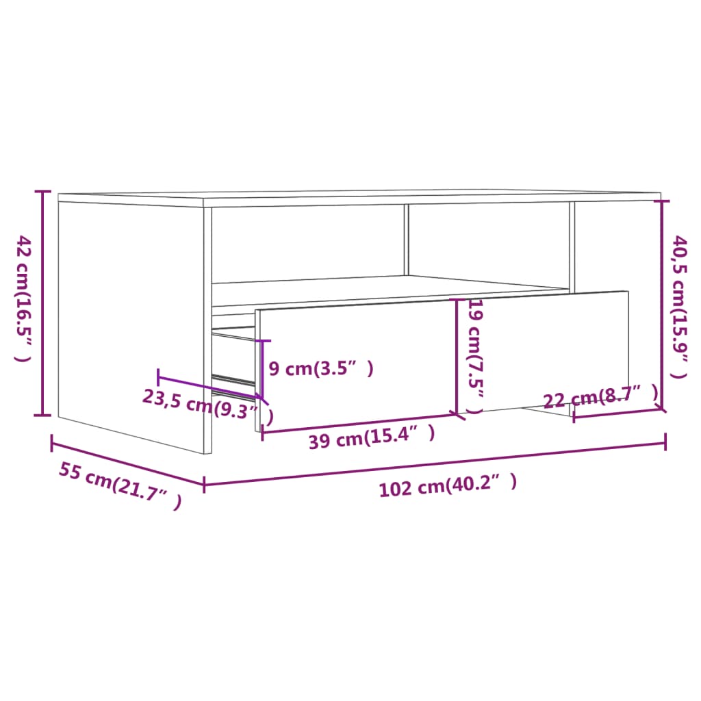 Salongbord hvit 102x55x42 cm konstruert tre