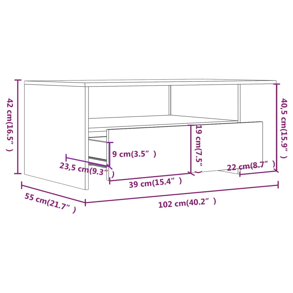 Salongbord røkt eik 102x55x42 cm konstruert tre