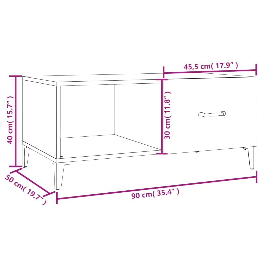 Salongbord høyglans hvit 90x50x40 cm konstruert tre