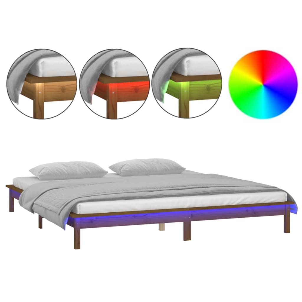 Sengeramme med LED honningbrun 140x200 cm heltre