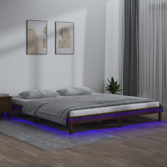 Sengeramme med LED honningbrun 140x200 cm heltre