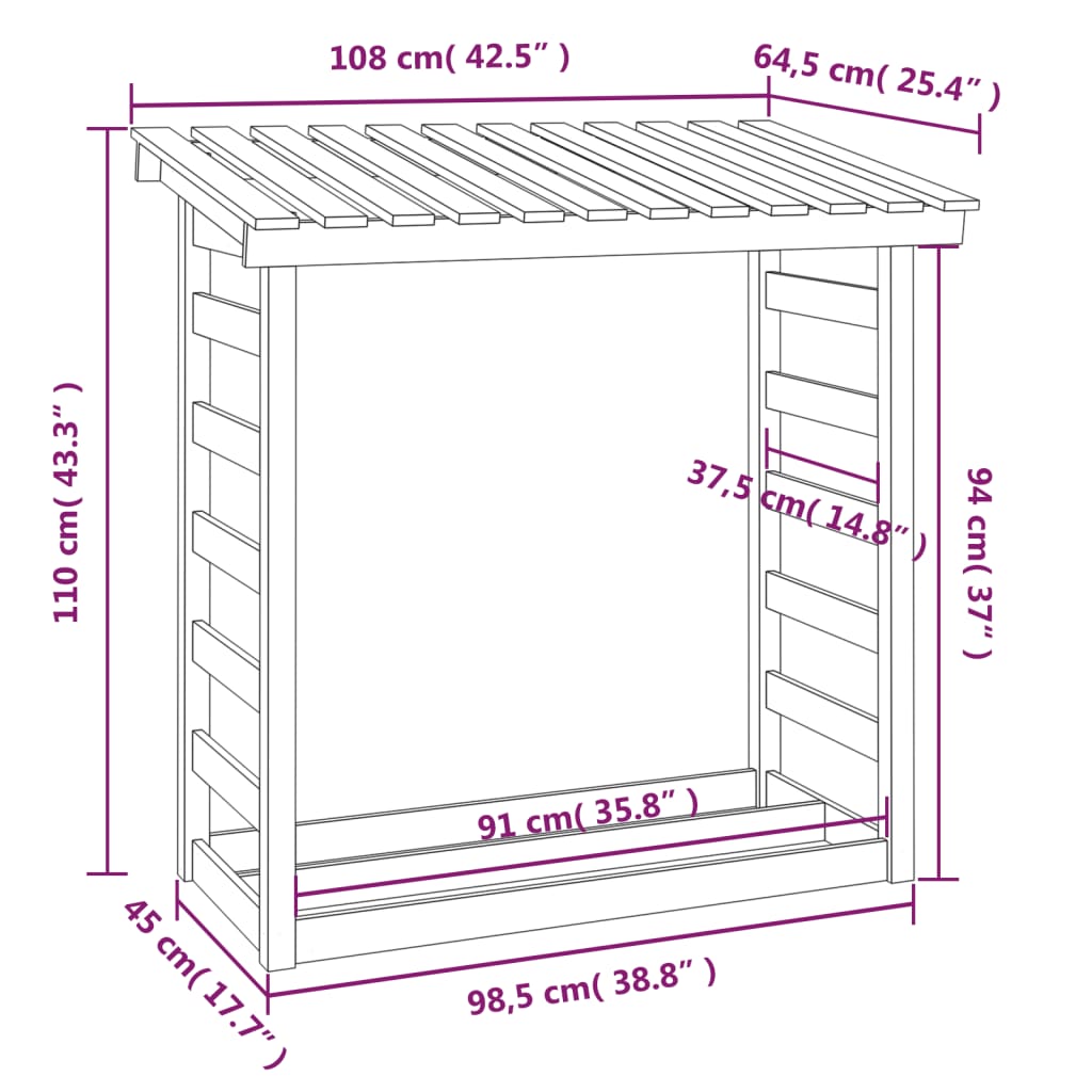 Vedstativ hvit 108x64,5x110 cm heltre furu