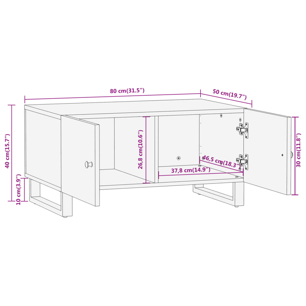 Salongbord brun og svart 80x50x40 cm heltre furu