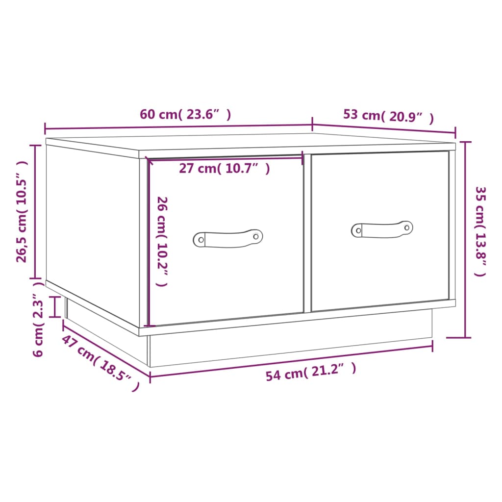 Salongbord hvit 60x53x35 cm heltre furu