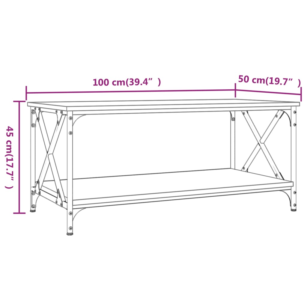 Salongbord røkt eik 100x50x45 cm konstruert tre og jern