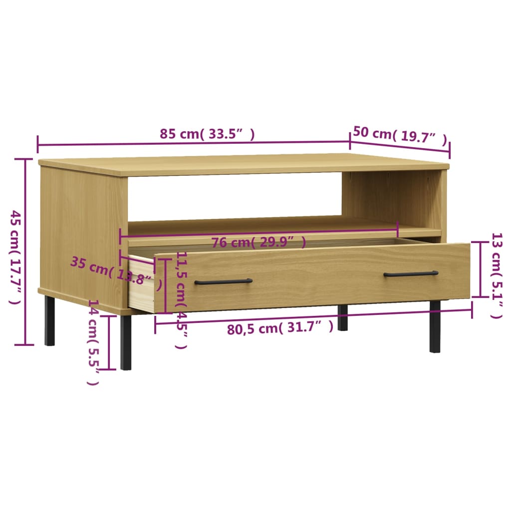 Salongbord med metallben brun 85x50x45 cm heltre OSLO