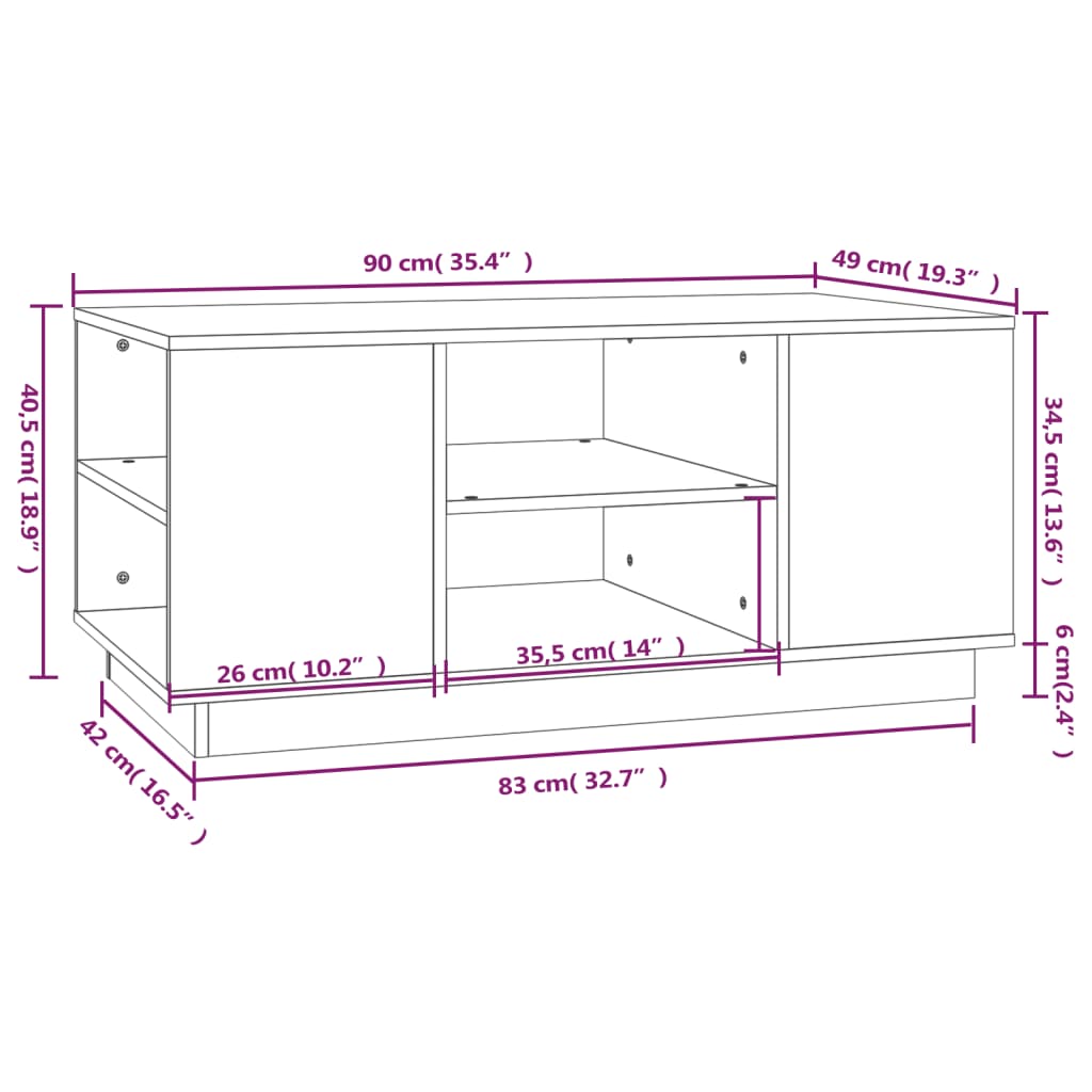 Salongbord grå 90x49x40,5 cm heltre furu