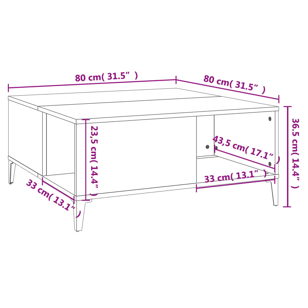 Salongbord høyglans hvit 80x80x36,5 cm konstruert tre