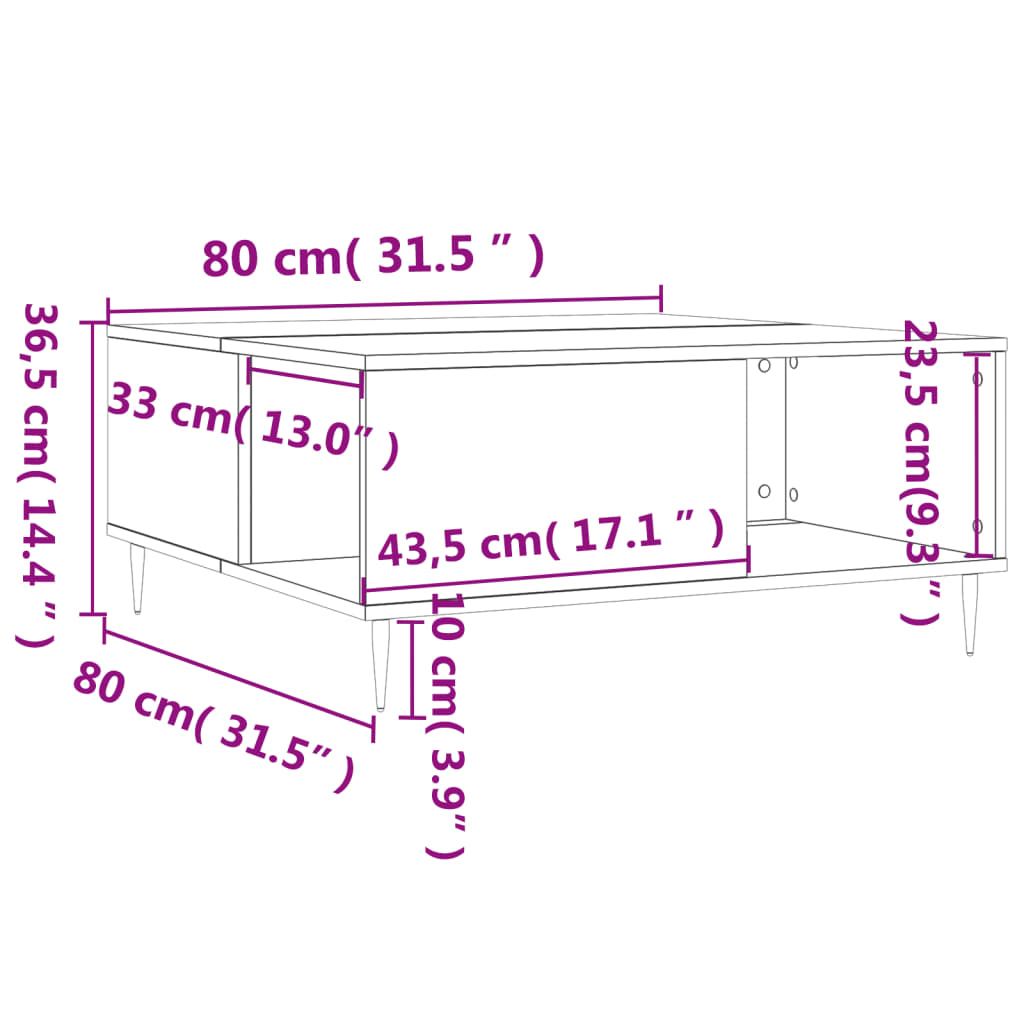 Salongbord hvit 80x80x36,5 cm konstruert tre