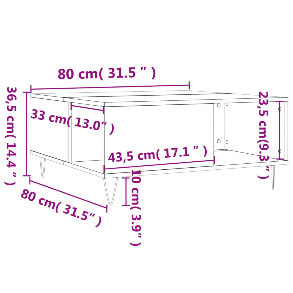 Salongbord brun eik 80x80x36,5 cm konstruert tre
