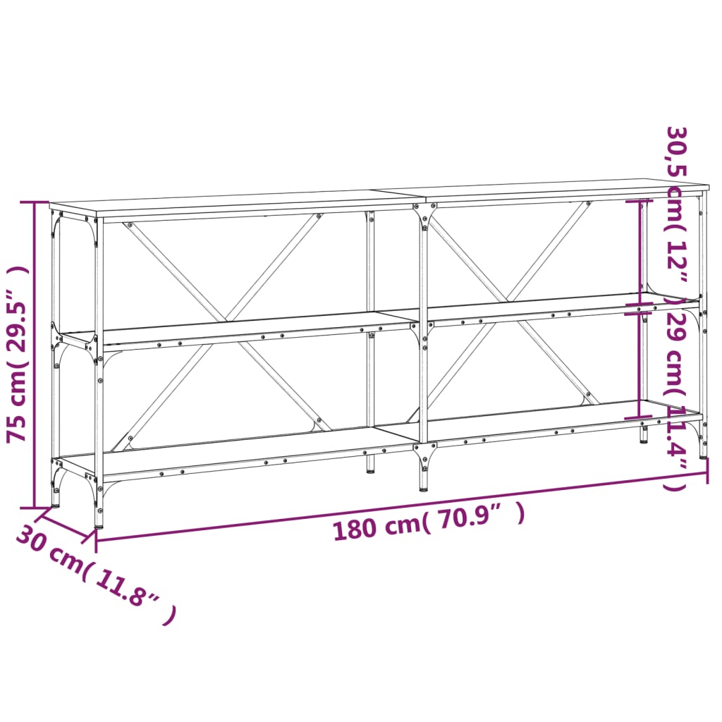 Salongbord brun eik 180x30x75 cm konstruert tre og jern