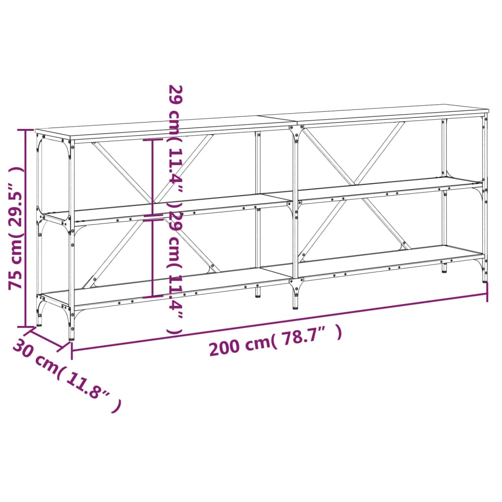 Salongbord røkt eik 200x30x75 cm konstruert tre og jern