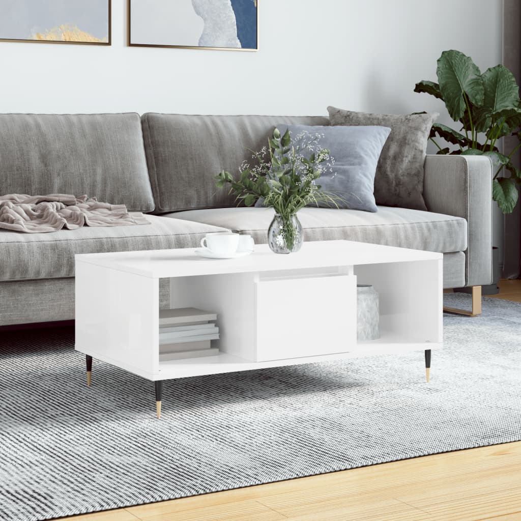 Salongbord høyglans hvit 90x50x36,5 cm konstruert tre