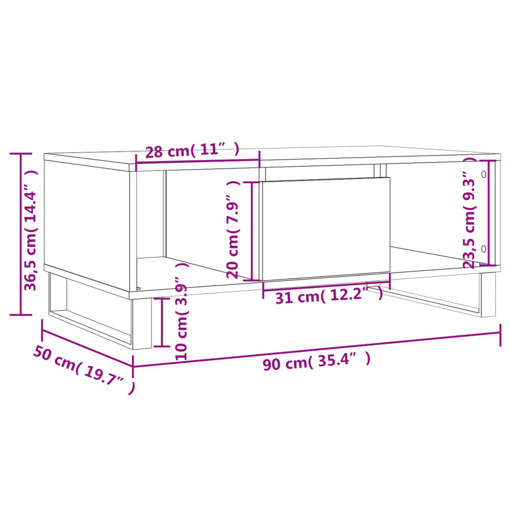 Salongbord hvit 90x50x36,5 cm konstruert tre