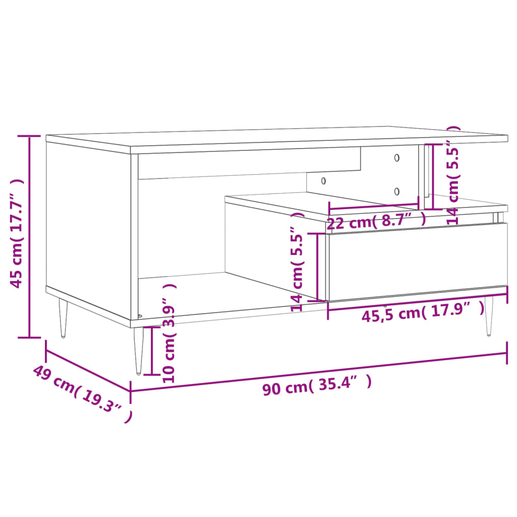 Salongbord røkt eik 90x49x45 cm konstruert tre