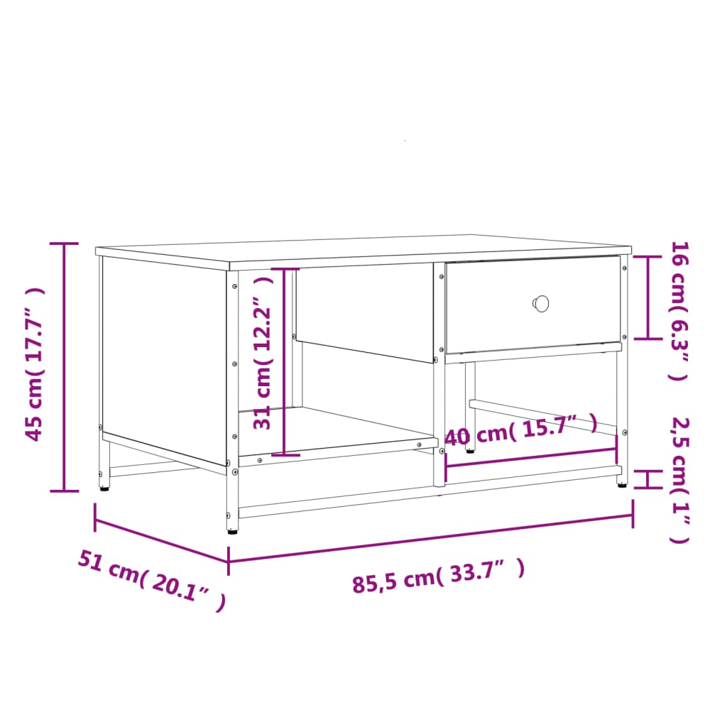 Salongbord røkt eik 85,5x51x45 cm konstruert tre