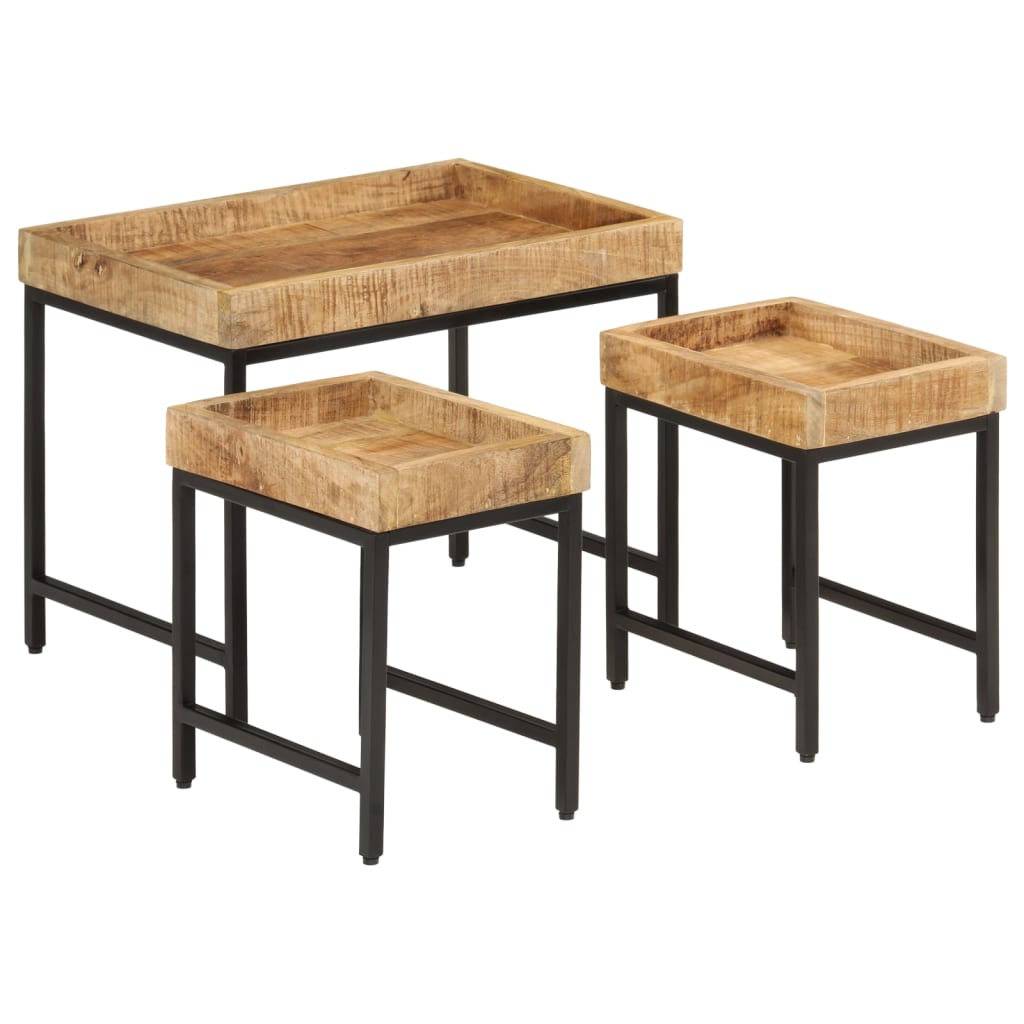 Stablebare salongbord 3 stk grovt heltre mangotre og jern