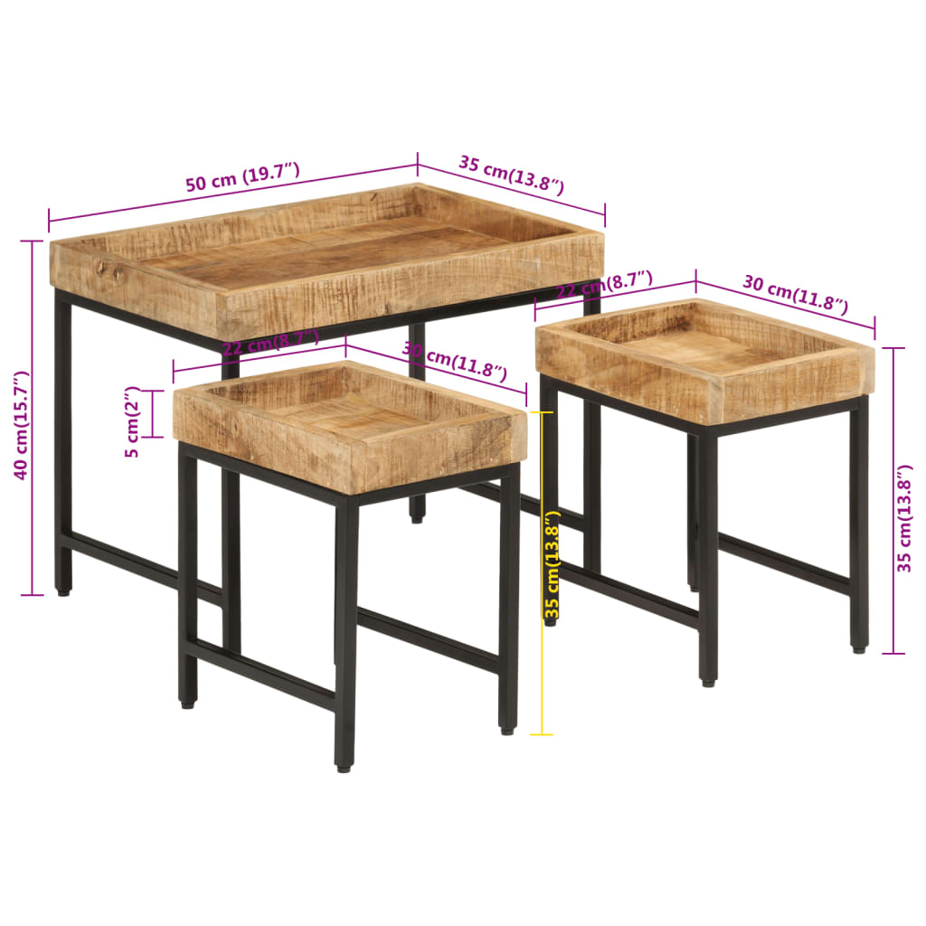 Stablebare salongbord 3 stk grovt heltre mangotre og jern