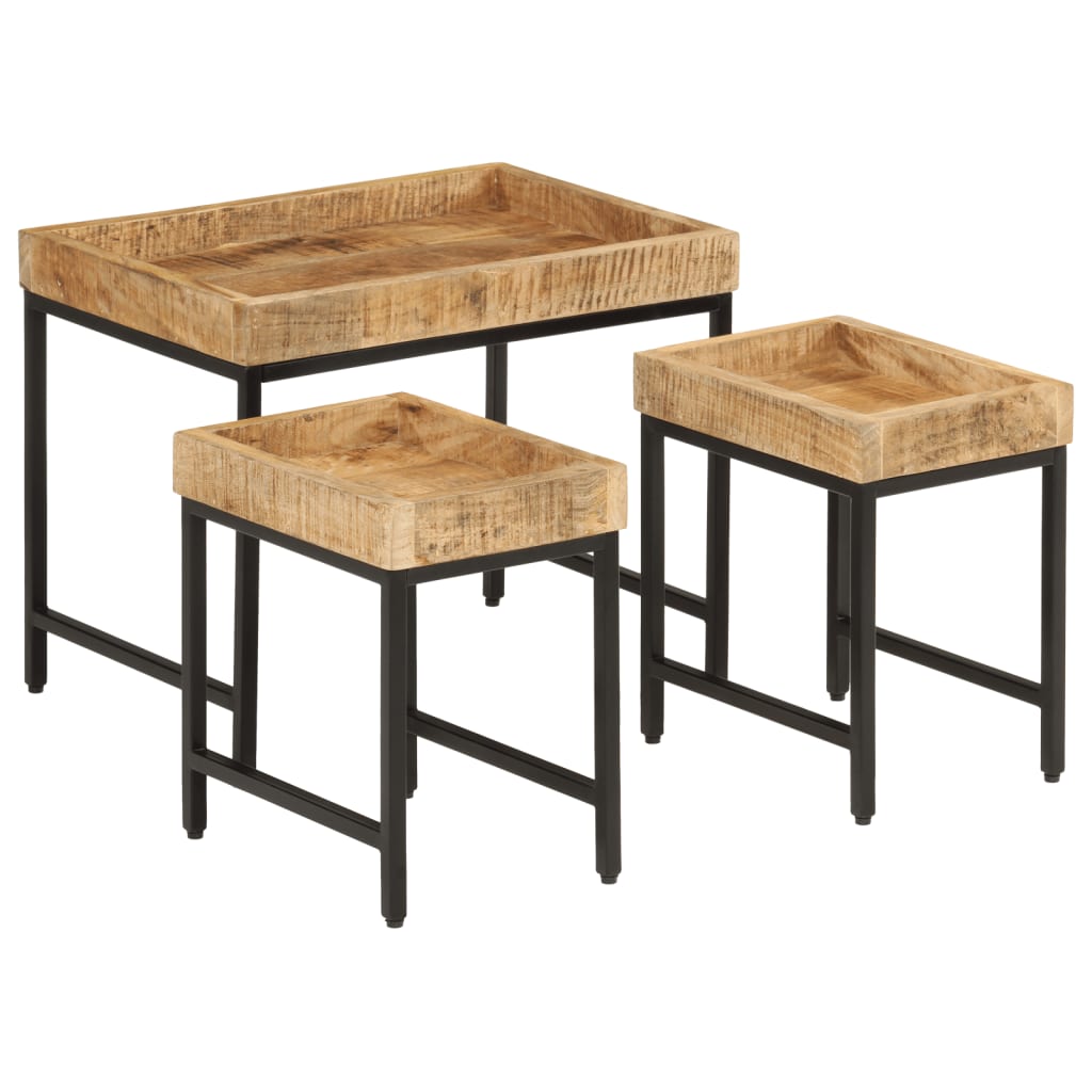 Stablebare salongbord 3 stk grovt heltre mangotre og jern