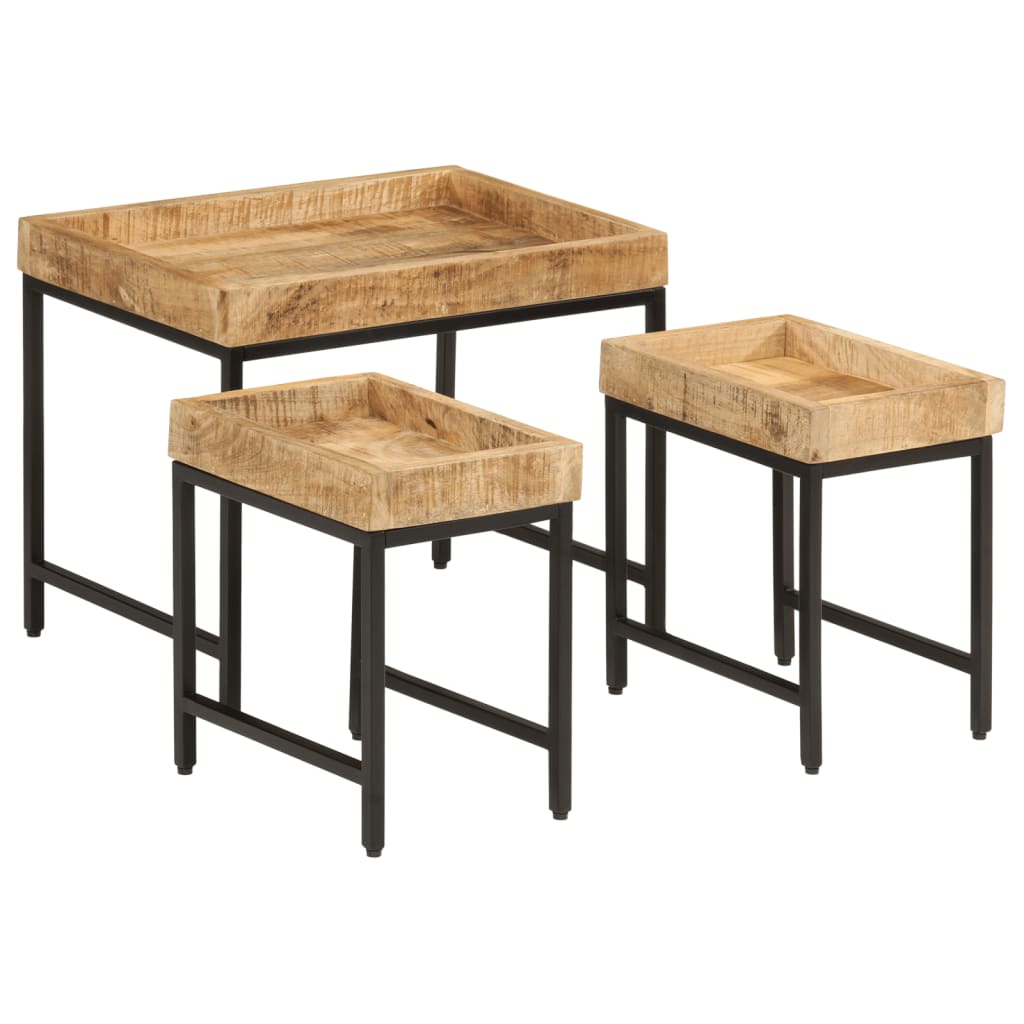 Stablebare salongbord 3 stk grovt heltre mangotre og jern