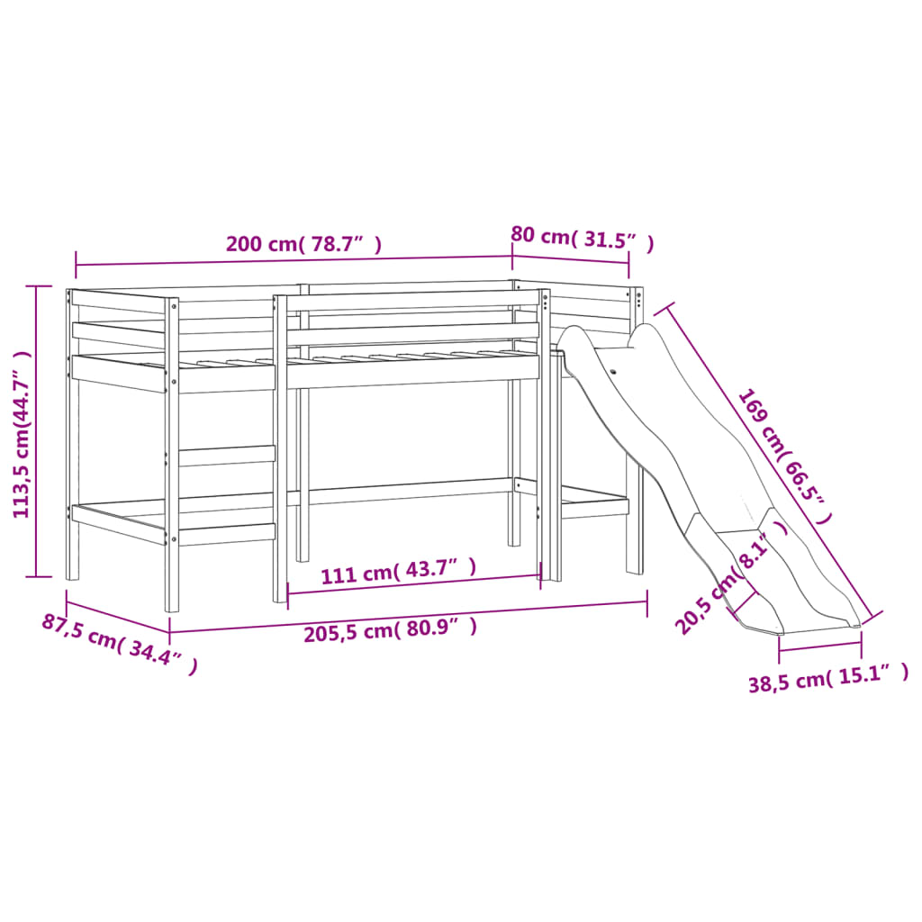 Køyeseng for barn med sklie hvit 80x200 cm heltre furu