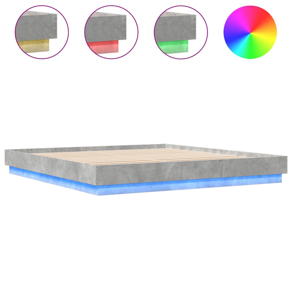 Sengeramme med LED-lys betonggrå 200x200 cm