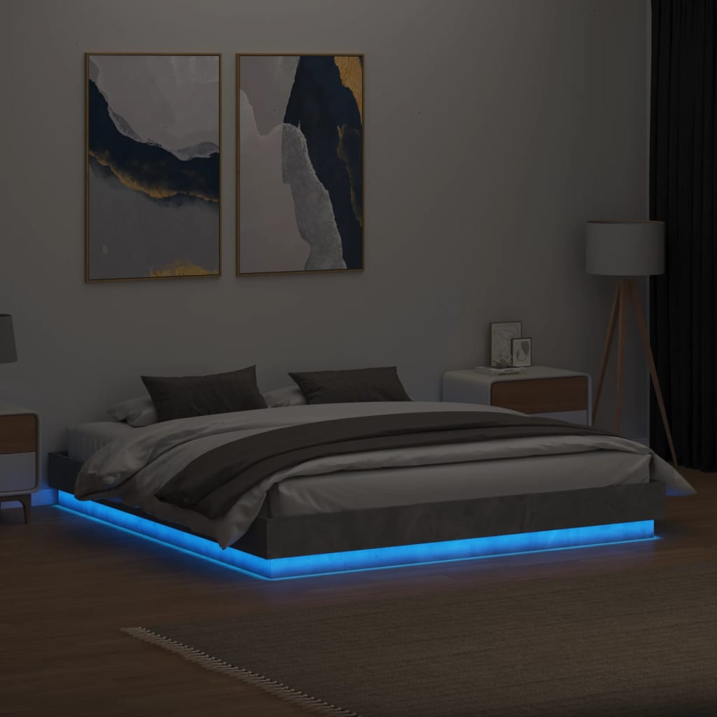 Sengeramme med LED-lys betonggrå 200x200 cm