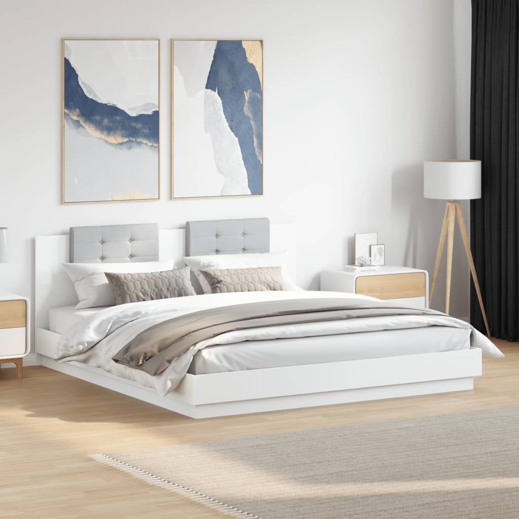 Sengeramme med hodegavl og LED-lys hvit 200x200 cm