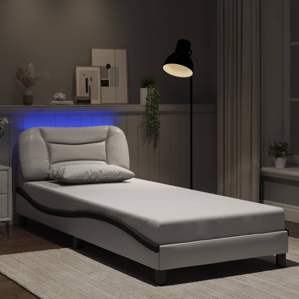 Sengeramme med LED-lys hvit og svart 90x200 cm kunstig lær