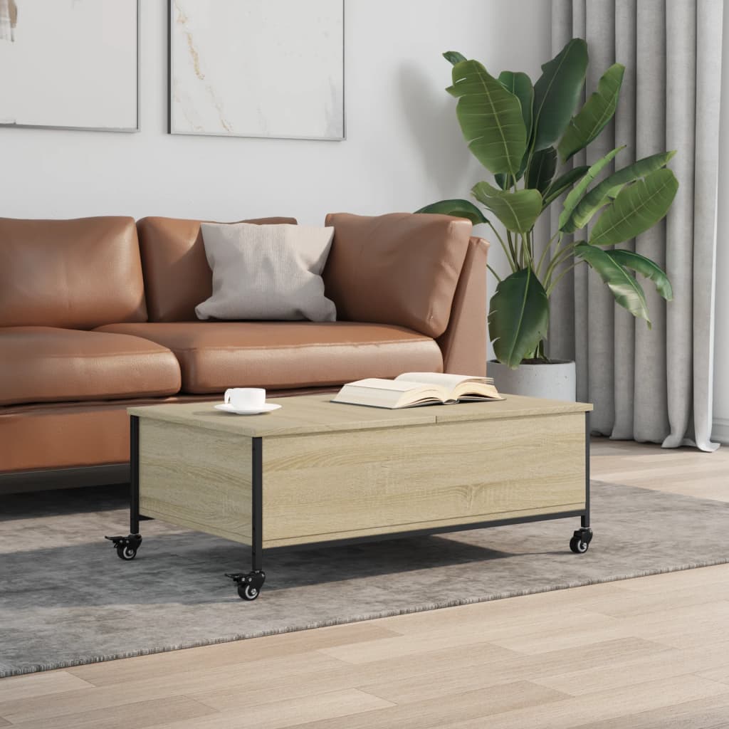 Salongbord med hjul svart 91x55x34 cm konstruert tre