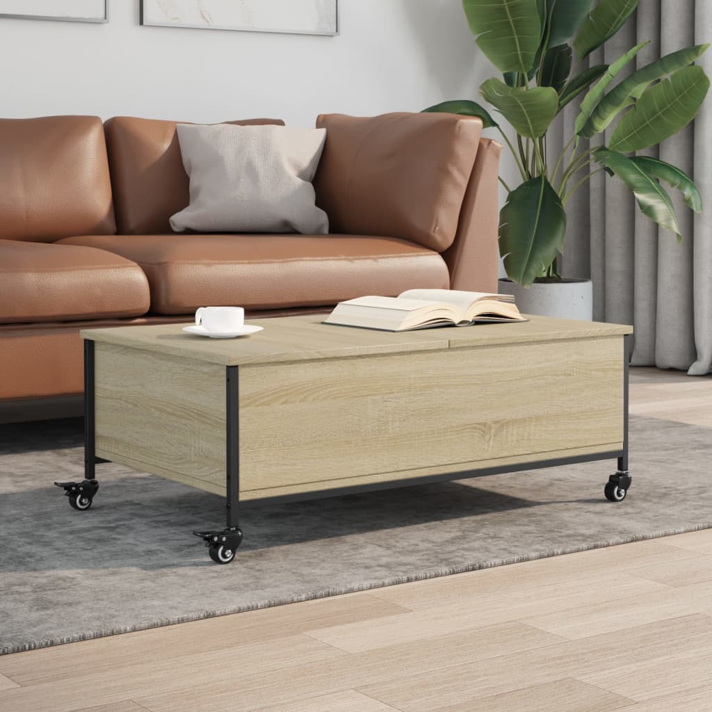 Salongbord med hjul svart 91x55x34 cm konstruert tre