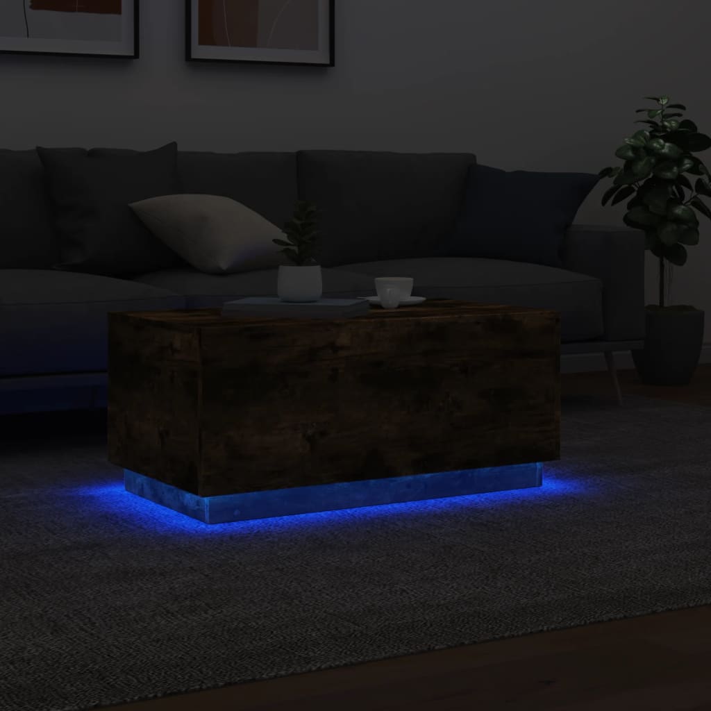 Salongbord med LED-lys røkt eik 90x50x40 cm
