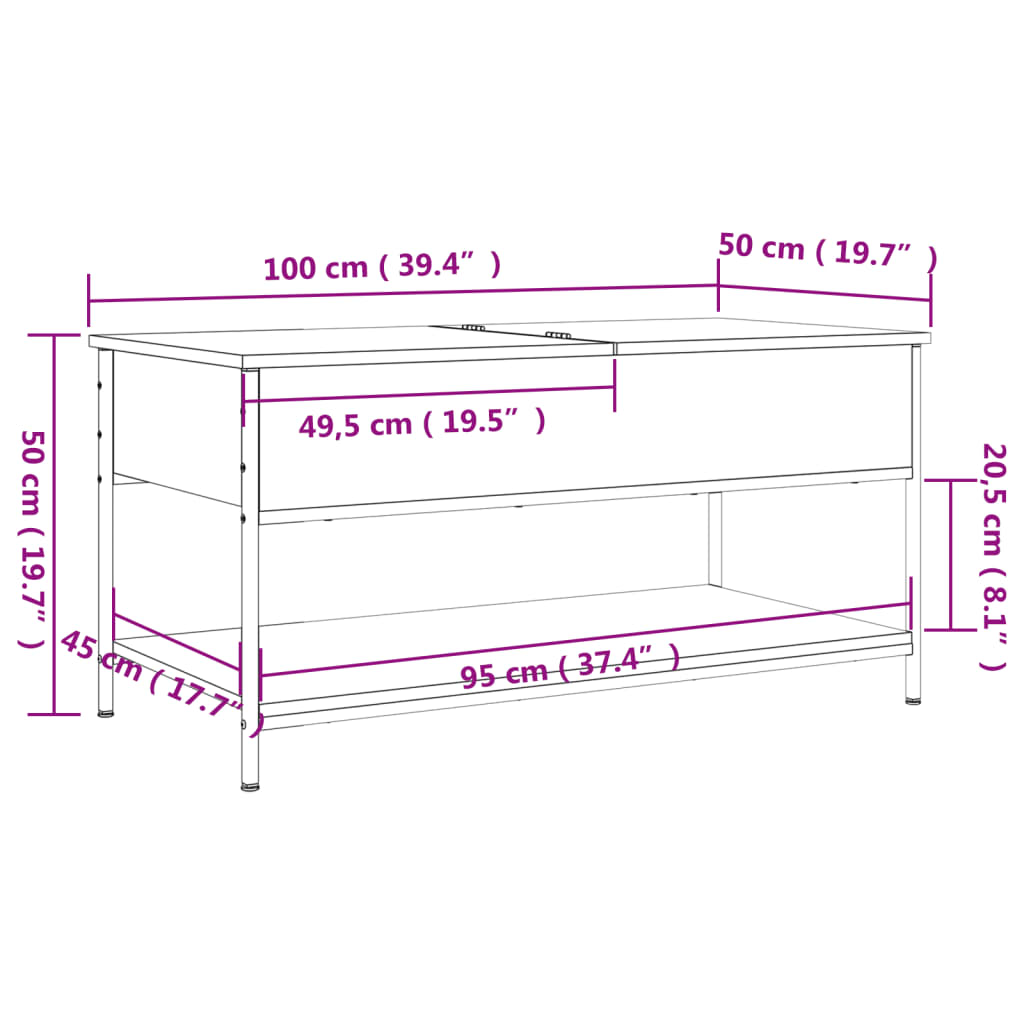 Salongbord brun eik 100x50x50 cm konstruert tre og metall