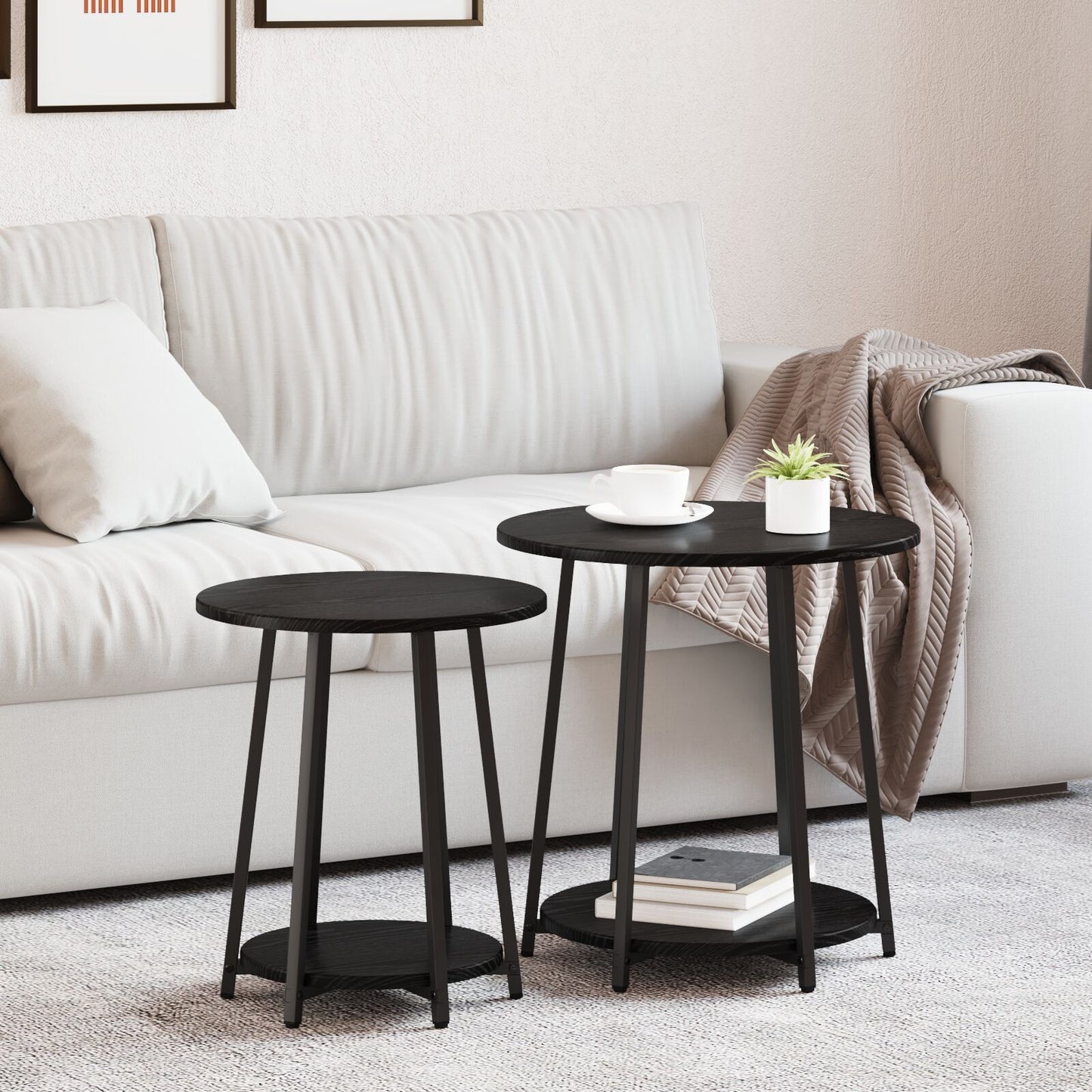 Sidebord 2 stk Sort Eik Bygget Tre og Metall