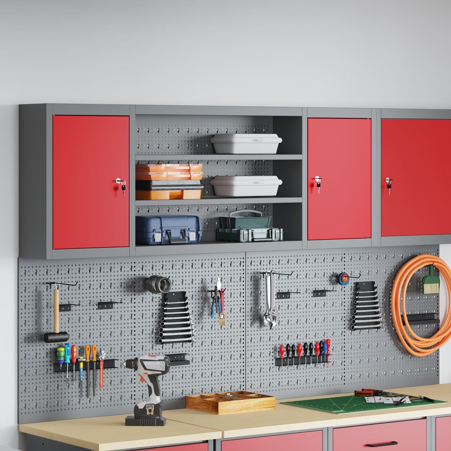 Verktøyskap Vegghengt med Pegboard Rød 150x20x55 cm Stål
