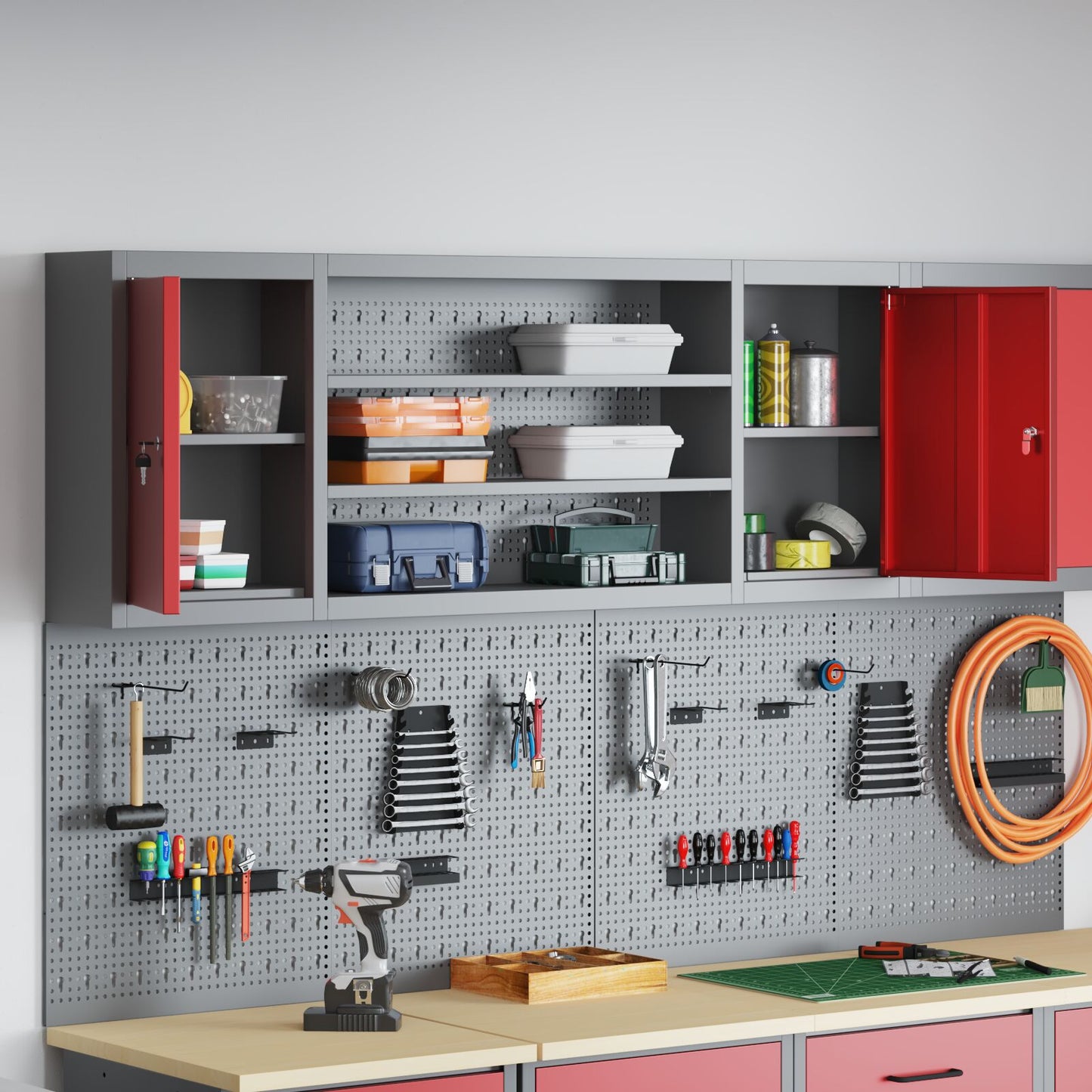 Verktøyskap Vegghengt med Pegboard Rød 150x20x55 cm Stål