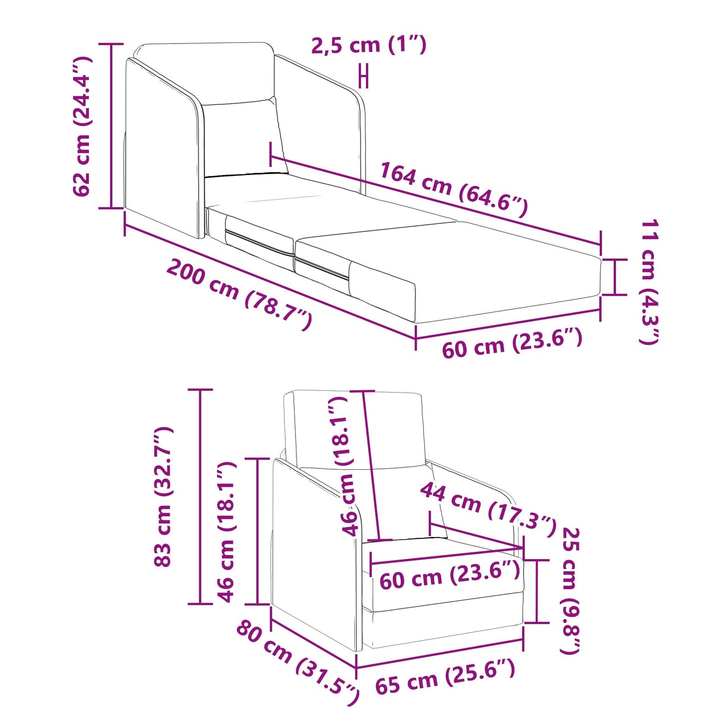 Sofa Seng 2-i-1 Mørkegrå 65x80x83 cm Stoff