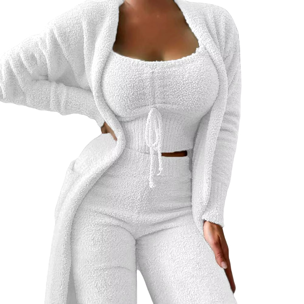 3 Pieces Solid Sleepwear Women Autumn Velvet Lace up Crop Top + Long Pants+Cardigans Coat Fashion Comfatable Pajamas Homeswear