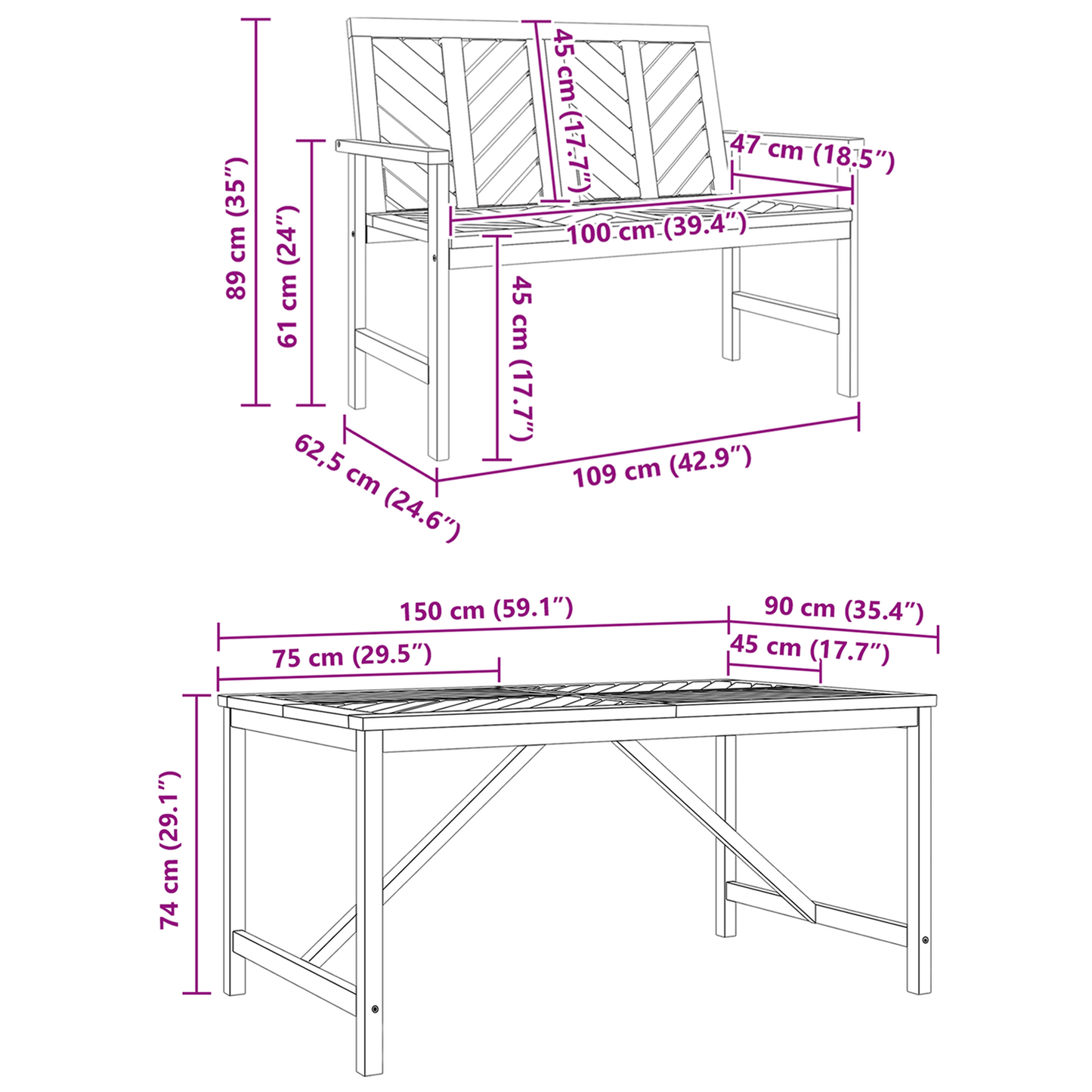 3-delt Hage Spisebord Massivt Tre Akasie