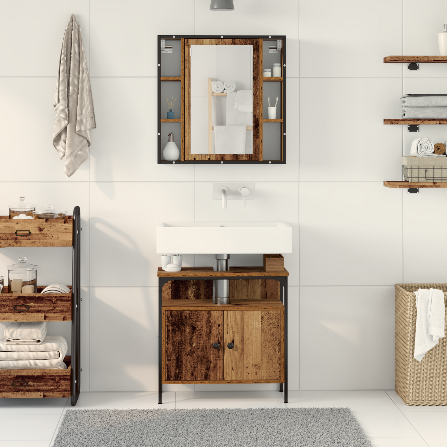 2 Delt Badmøbelsett Gammelt Tre Konstruert Tre