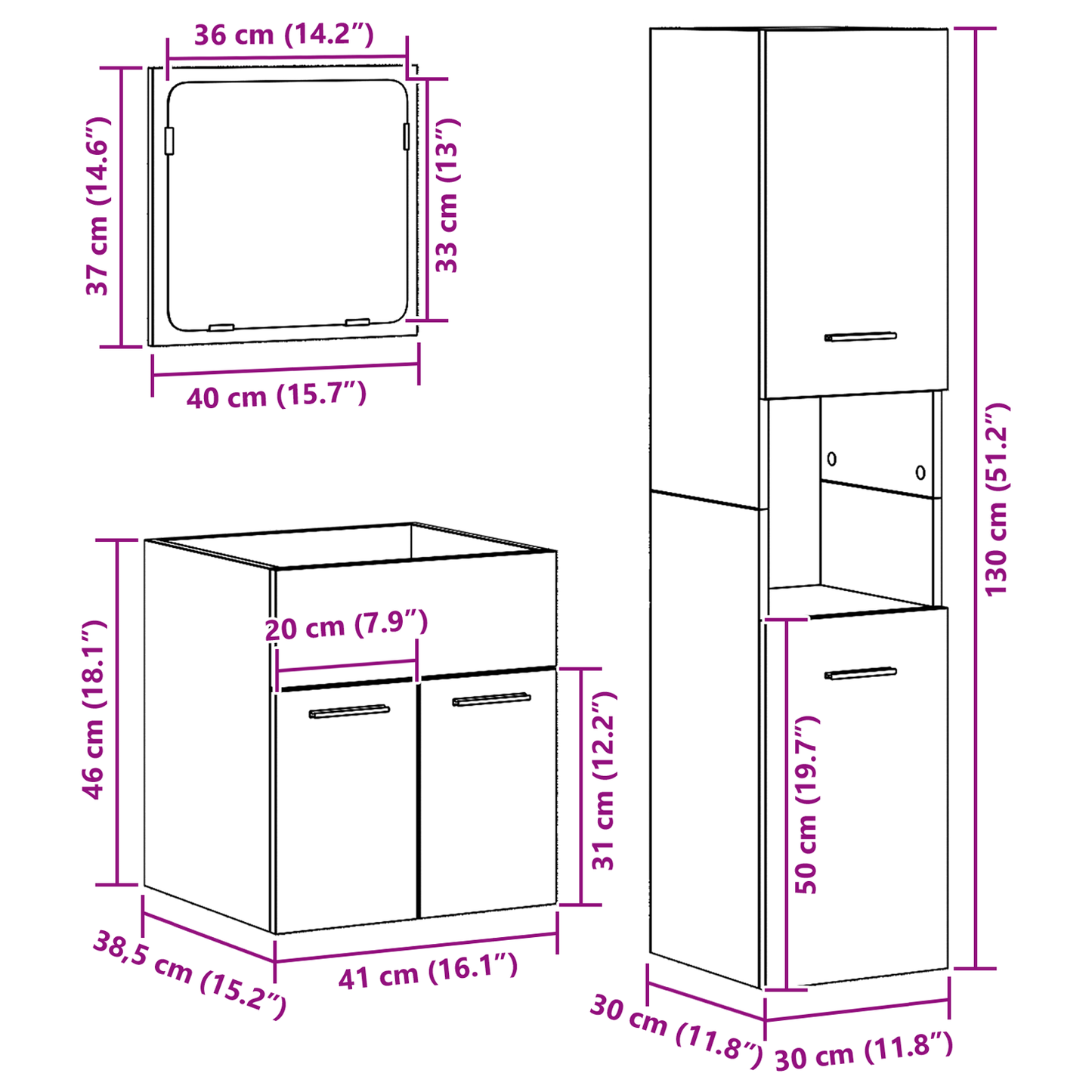 3-delt baderomsmøbelsett gammelt tre