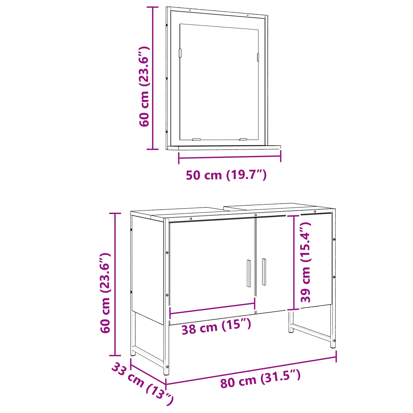 2-delt baderomsmøbelsett i gammelt tre