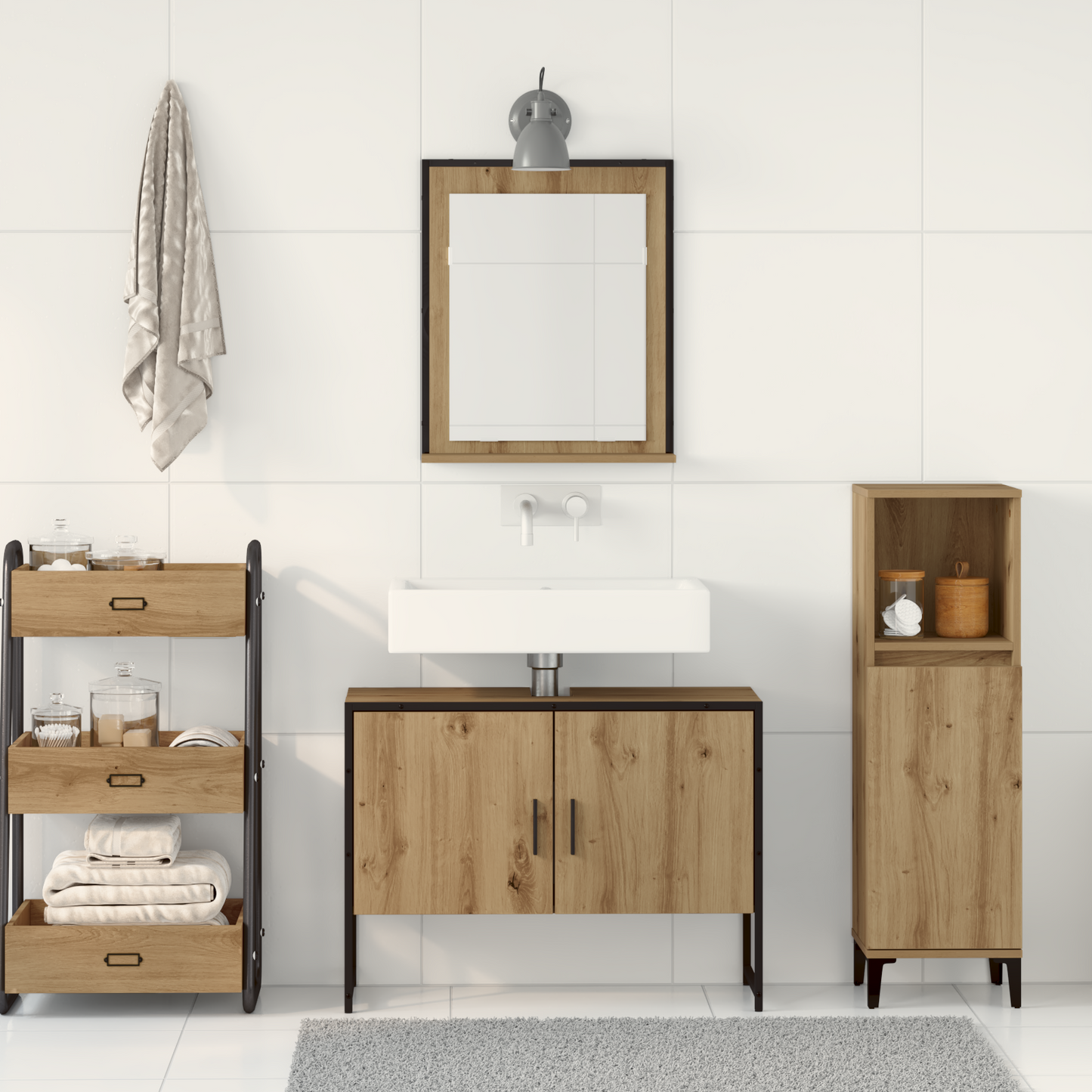 2-delt baderomsmøbelsett i kunstnerisk eik, konstruert treverk