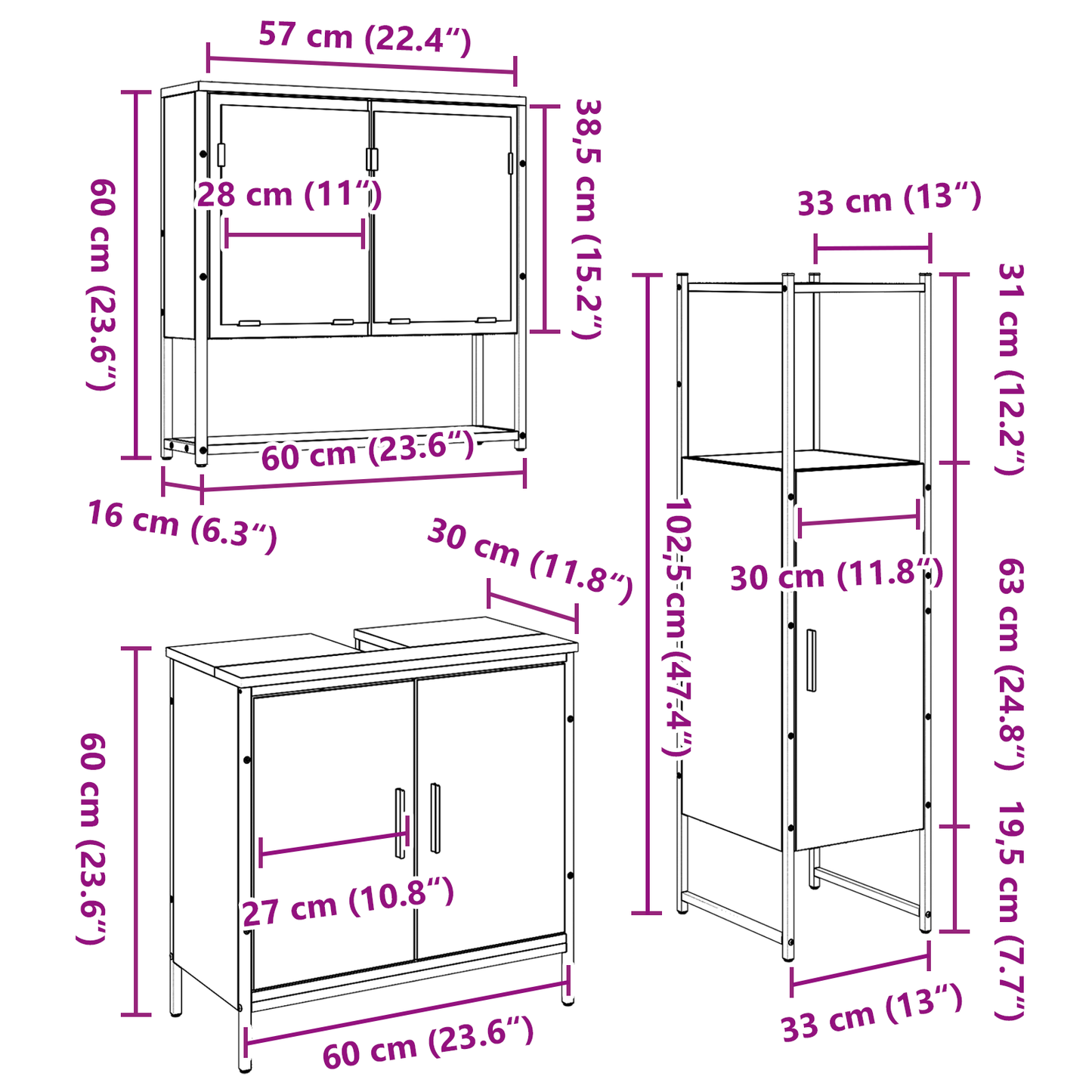 3-delt baderomsmøbelsett i gammelt tre og teknikktre