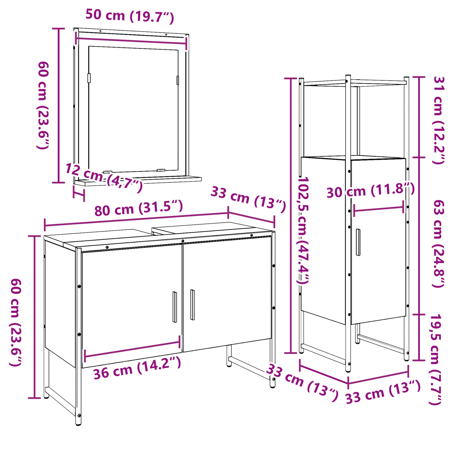 3-delt baderomsmøbelsett i Artisan eikekonstruert tre
