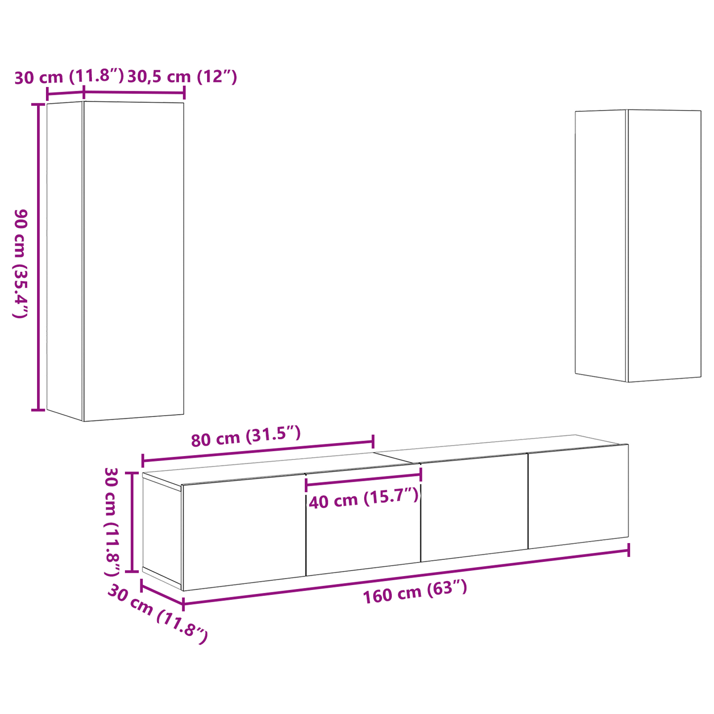 4-delt TV-skap sett vegghengt gammelt tre konstruert tre