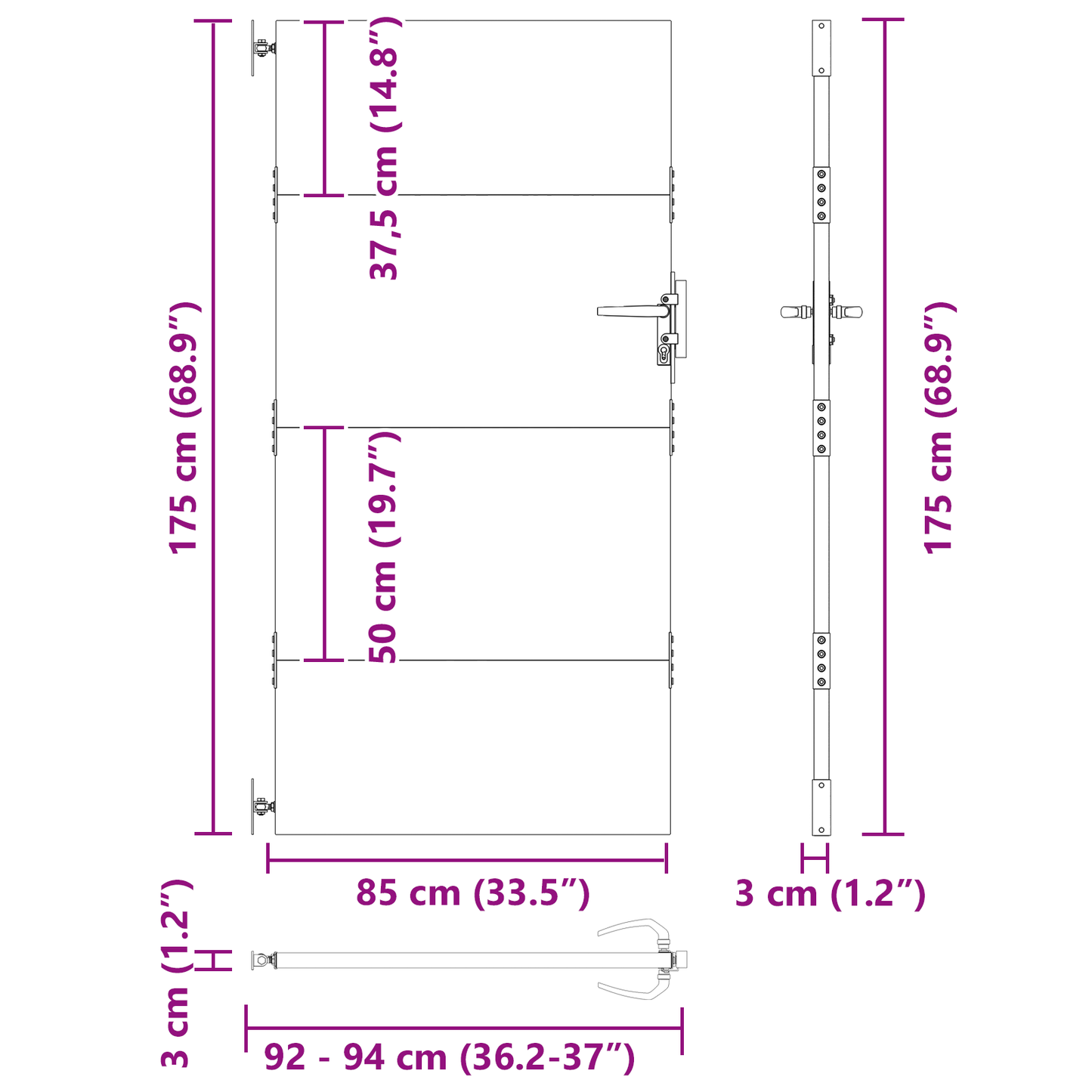 Hageport med lås Svart 105 x 175 cm Pulverlakkert stål